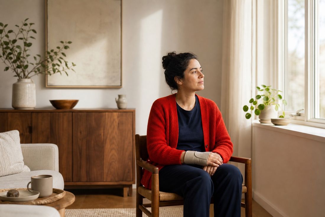 A woman in a red cardigan sits by a bright window with a beige elastic support on one wrist and her hands folded in her lap