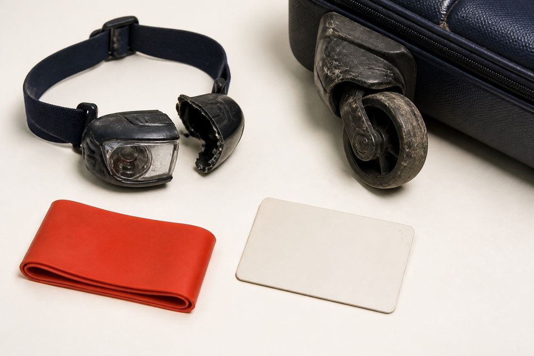 A black head torch on a navy strap with its casing cracked open, a broken suitcase castor and a folded red strap laid out on white