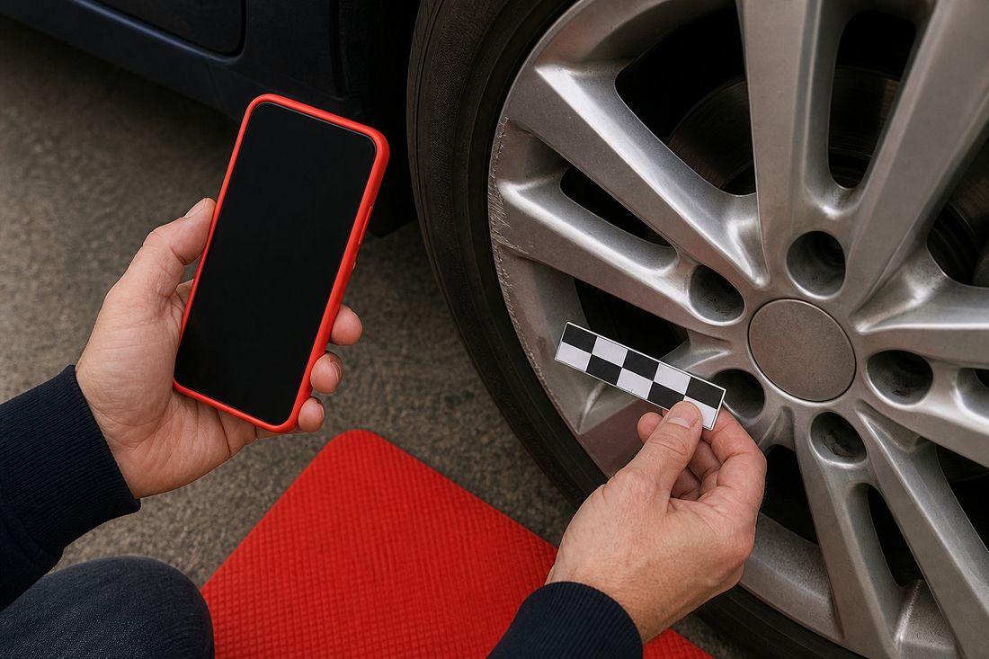 One hand photographs a scuffed alloy wheel with a phone while the other holds a black-and-white scale marker against the rim