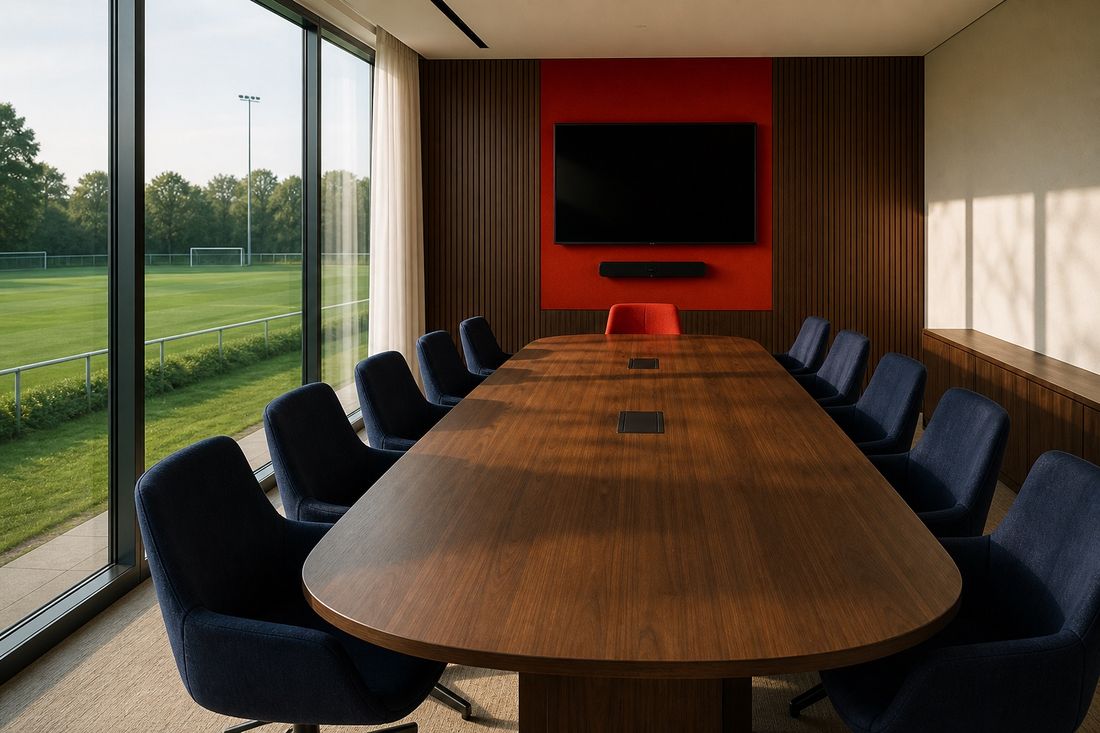 Empty boardroom with a long walnut table, navy chairs and one red chair at the head, glass wall opening onto a green training pitch