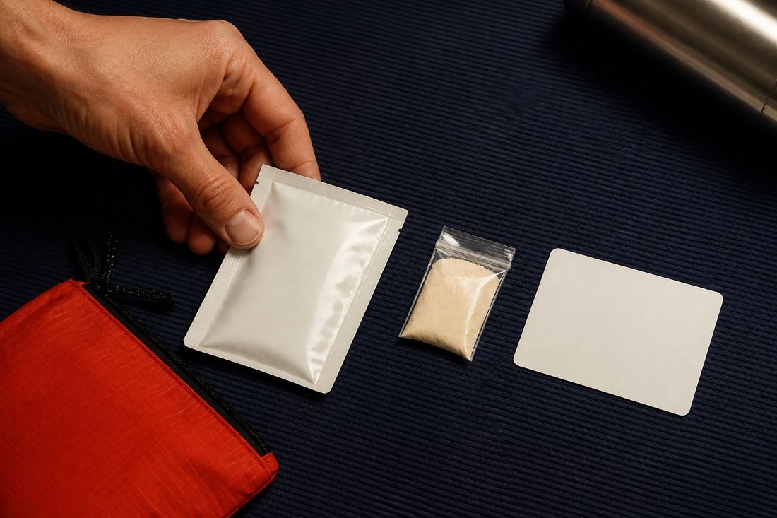 Hand holding a plain white foil sachet over a navy ribbed surface, beside a clear bag of pale powder, a blank card and a red pouch