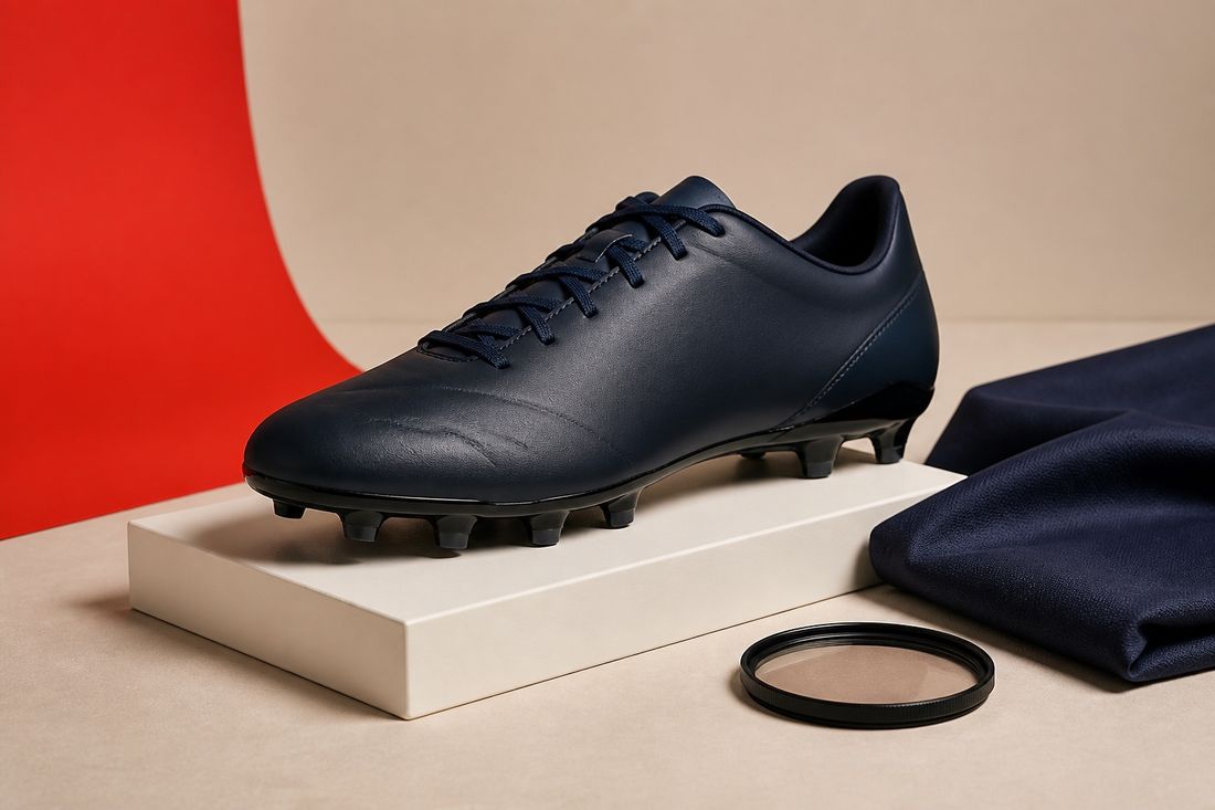Navy leather football boot displayed on a cream plinth against a red curve, with folded navy fabric and a camera lens filter alongside
