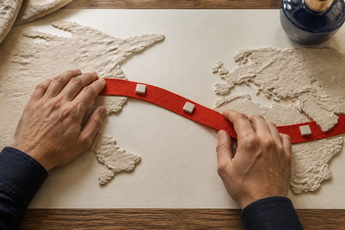 Two hands pressing a red woven ribbon that arcs between continents on a raised cream relief map, three small white markers set along it
