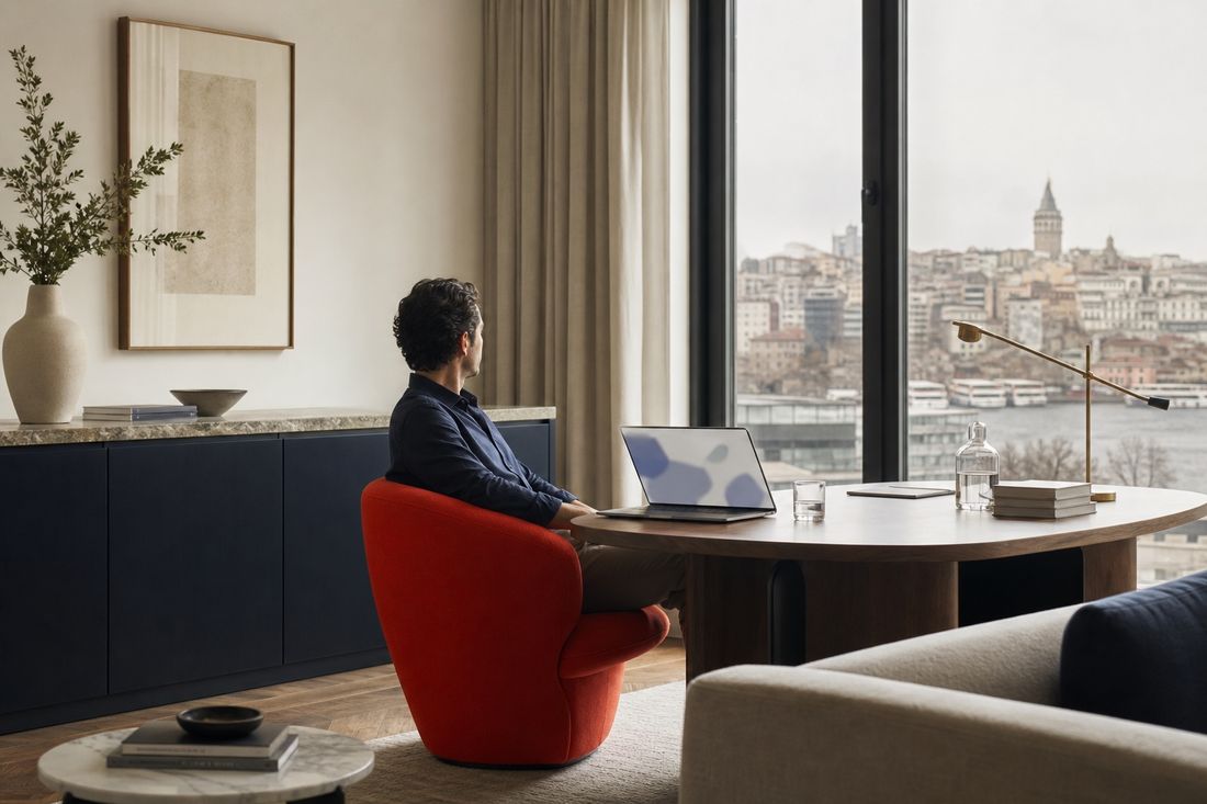 Man in a navy shirt seated in a red armchair at a round wooden table with an open laptop, looking out over Istanbul and the Galata Tower