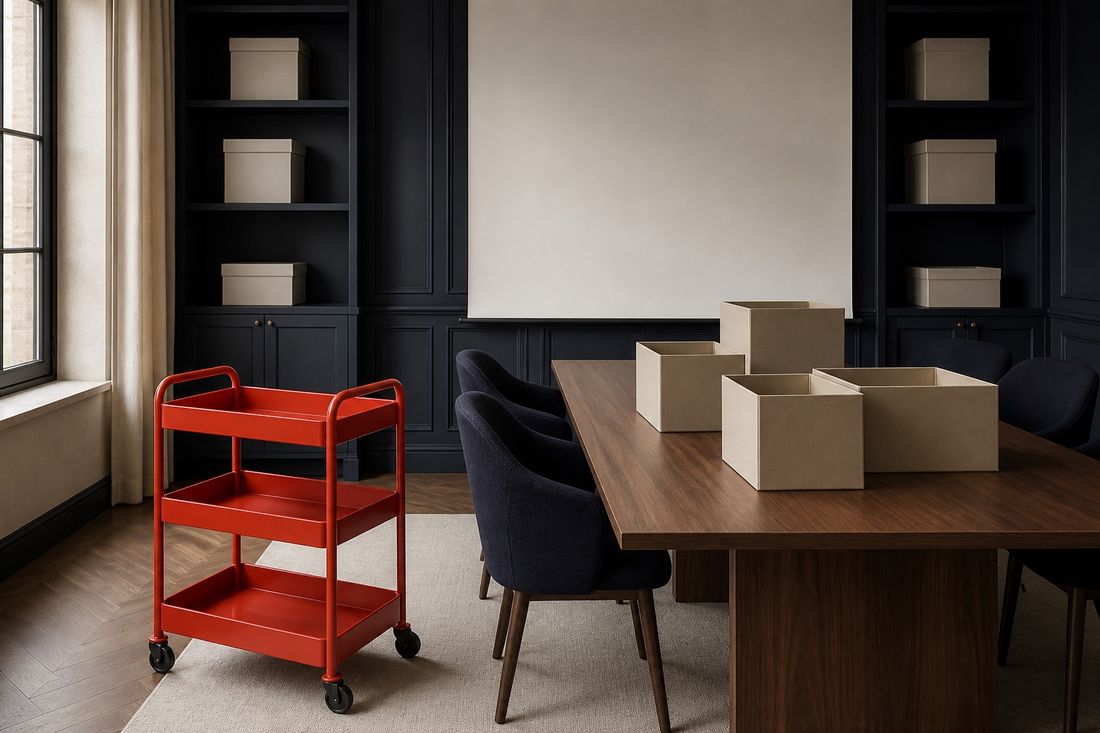 Meeting room with open cream document boxes on a walnut table, navy shelving stacked with archive boxes, a blank screen and an empty red trolley