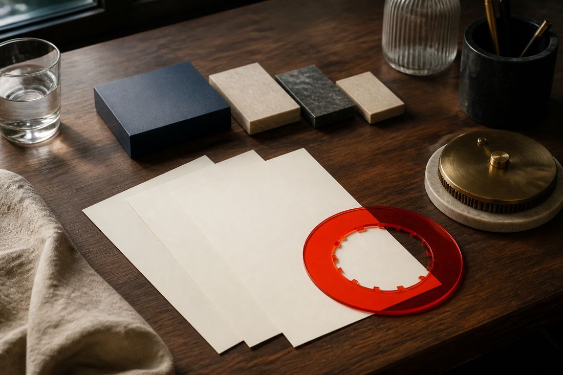 Blank cream sheets fanned on a dark walnut desk beside a navy box, three flat blocks of decreasing size and a translucent red acrylic ring