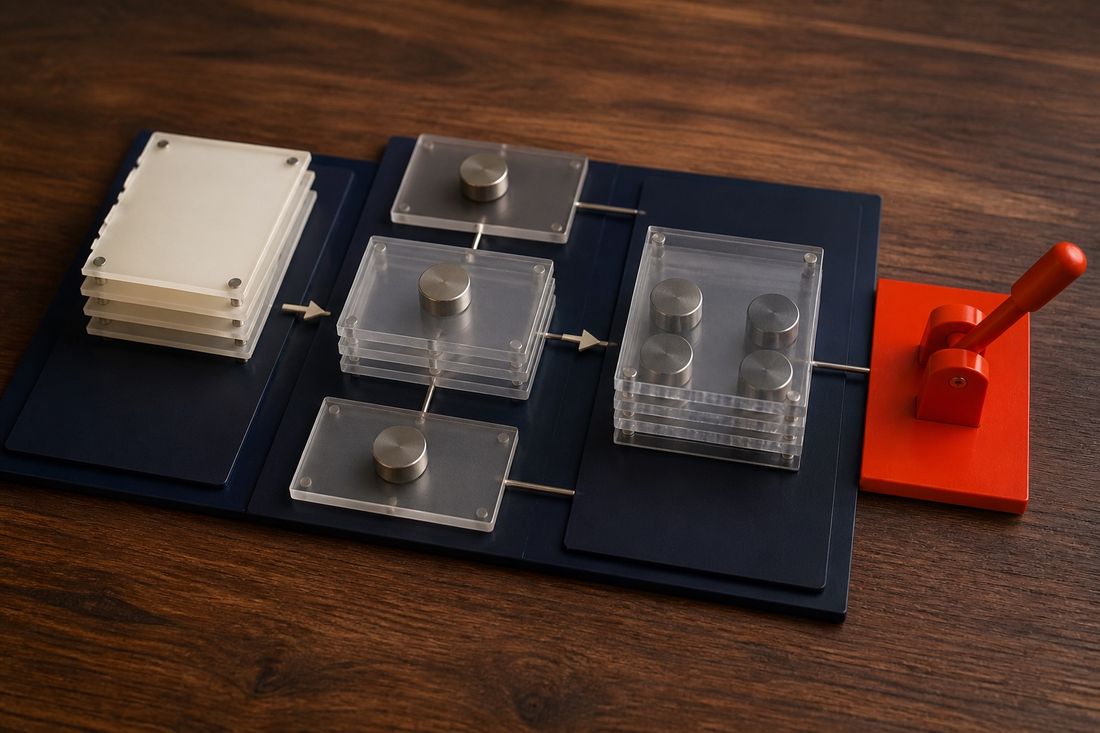 Tabletop model on dark wood: stacked acrylic plates with steel weights linked by arrows, ending at a red lever