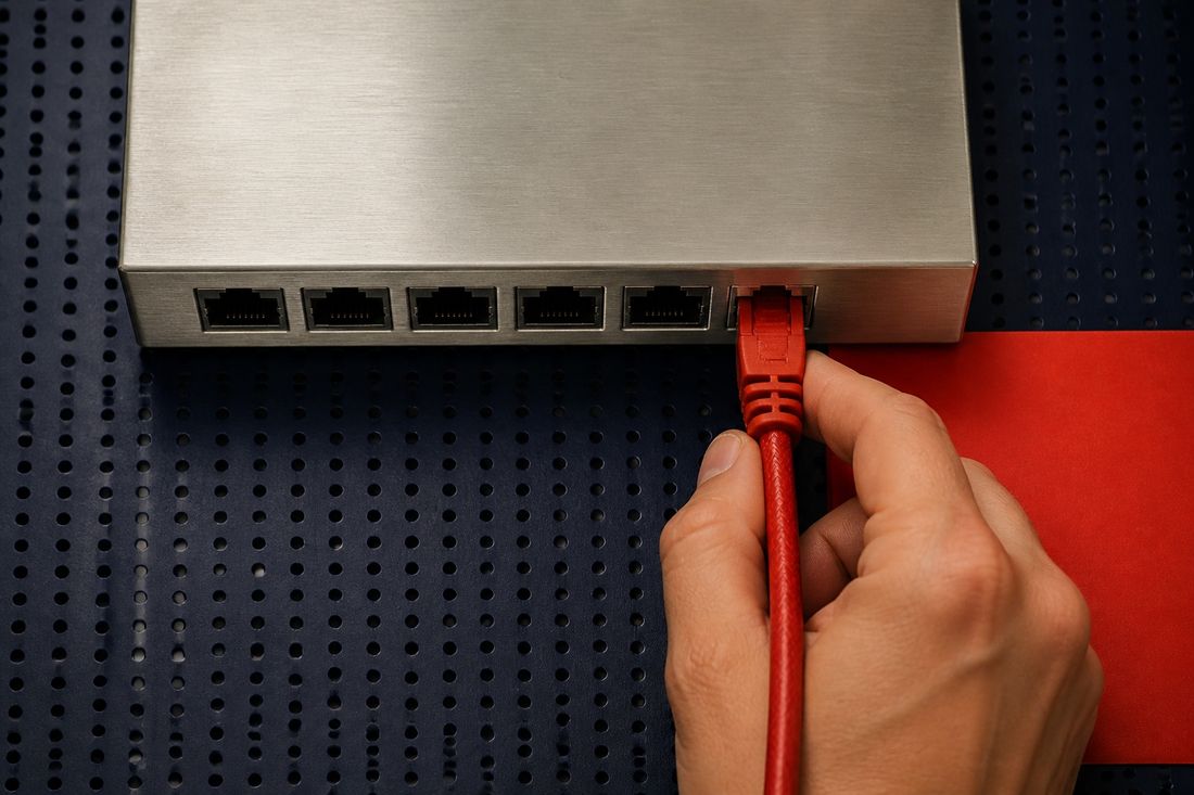 A hand grips a red network cable at the port of a steel switch mounted on a navy perforated panel