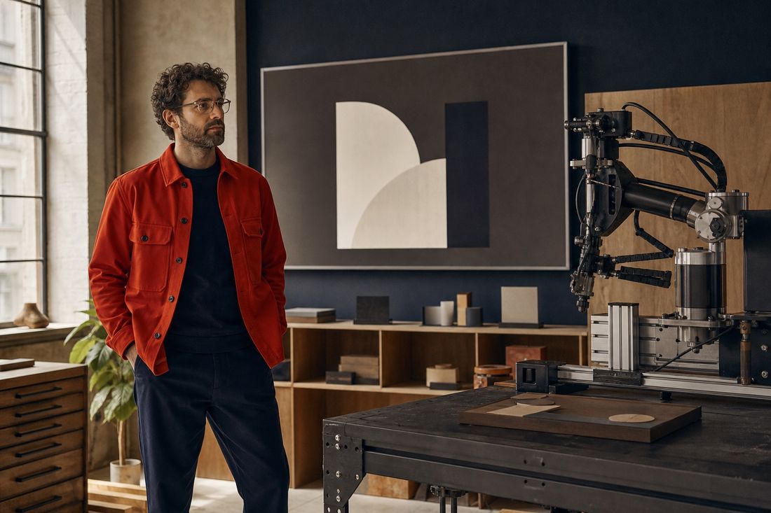 Bearded man in glasses and a rust-red jacket stands in a daylit studio beside a robotic arm and navy wall