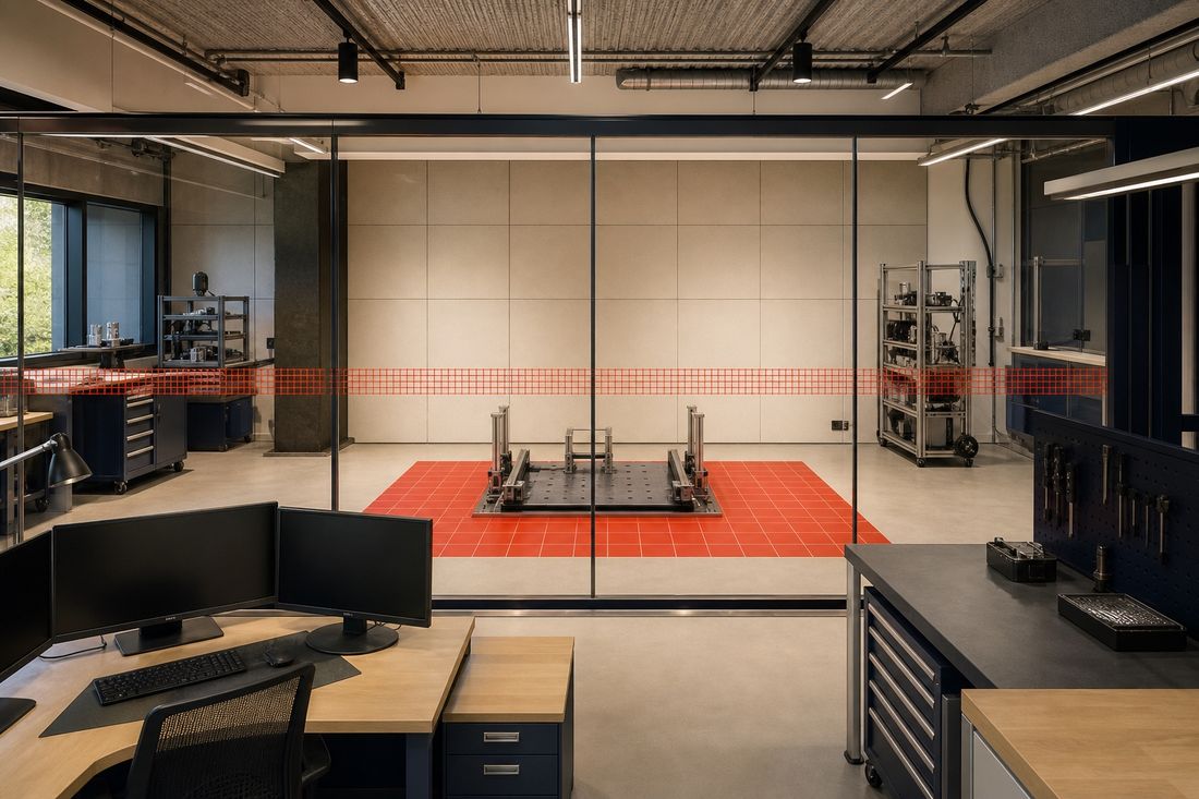 Glass-walled test cell inside a concrete workshop, red-tiled platform and steel rig framed by benches, monitors and equipment racks
