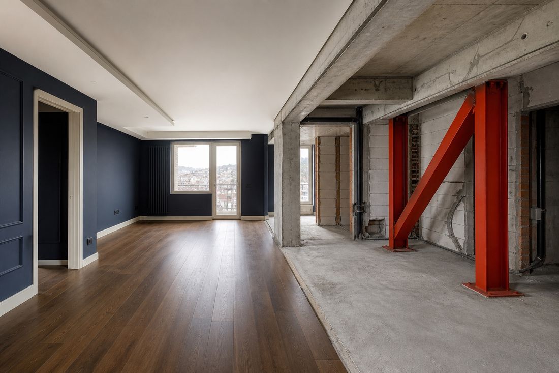 Split view of one apartment: a finished navy-walled room with oak flooring on the left, bare concrete and red steel props on the right