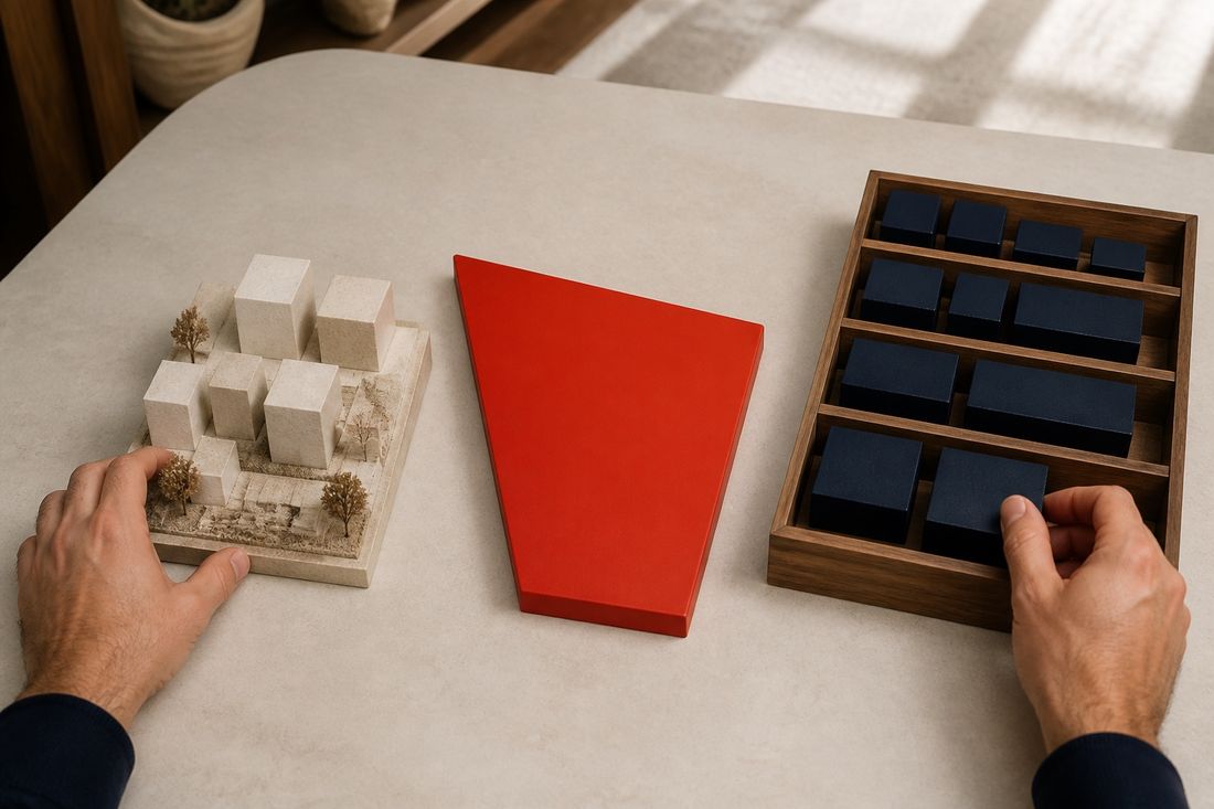 Seen from above, one hand rests on a small stone building model while the other sets navy blocks into a wooden tray