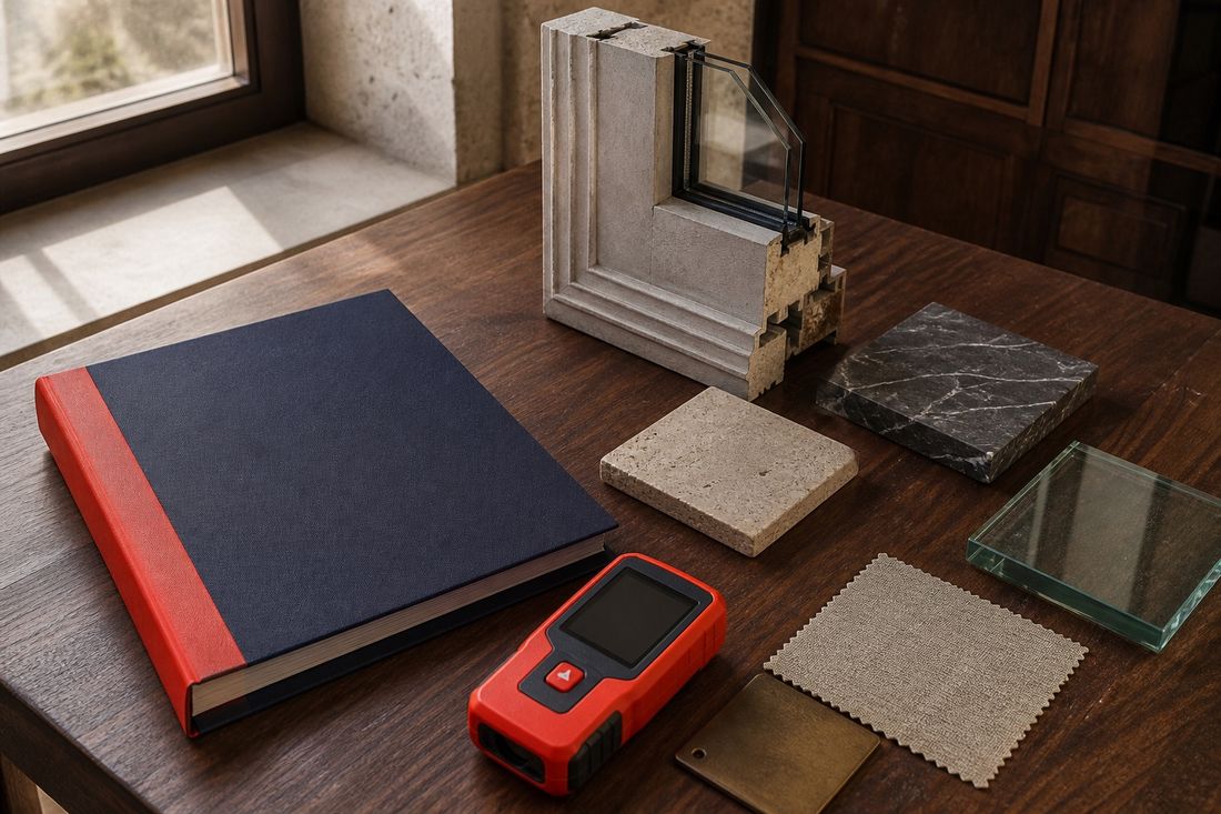 Navy report with a red spine beside a red laser measure, a window cross-section and stone, marble, glass and fabric samples