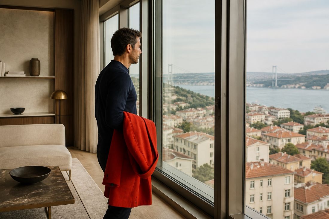 Man in a navy sweater with a red coat over his arm looks out floor-to-ceiling windows over the Bosphorus